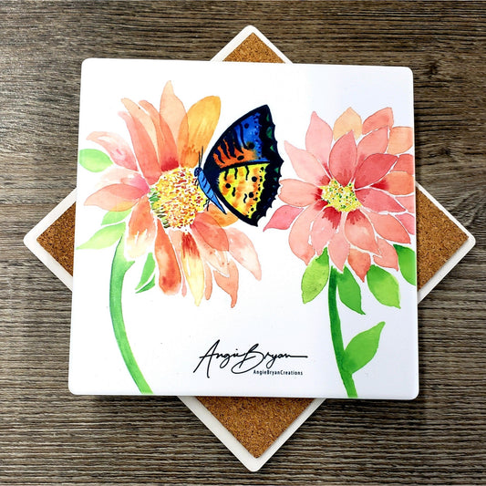 Flowers and Butterfly Sandstone Coaster